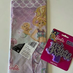 Barbie mermaid table cover and Barbie cake candle
